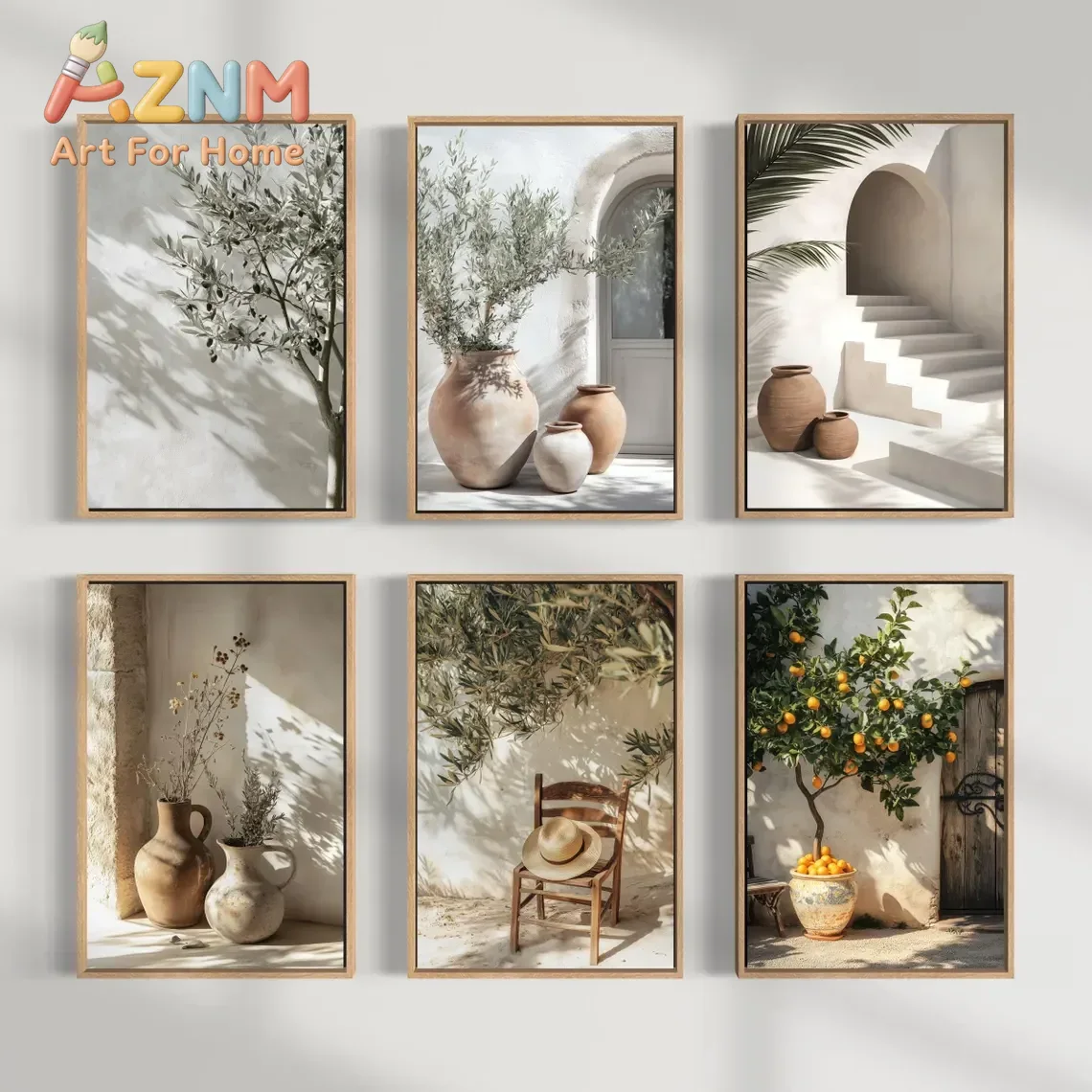 Terracotta Pot - AZNM Mediterrane neutrale Leinwand-Wandkunst, Olivenbaum-Terrakotta-Topf-Orangebaum-Druck, Boho-Küsten-Sonnenschein-Architektur-Post